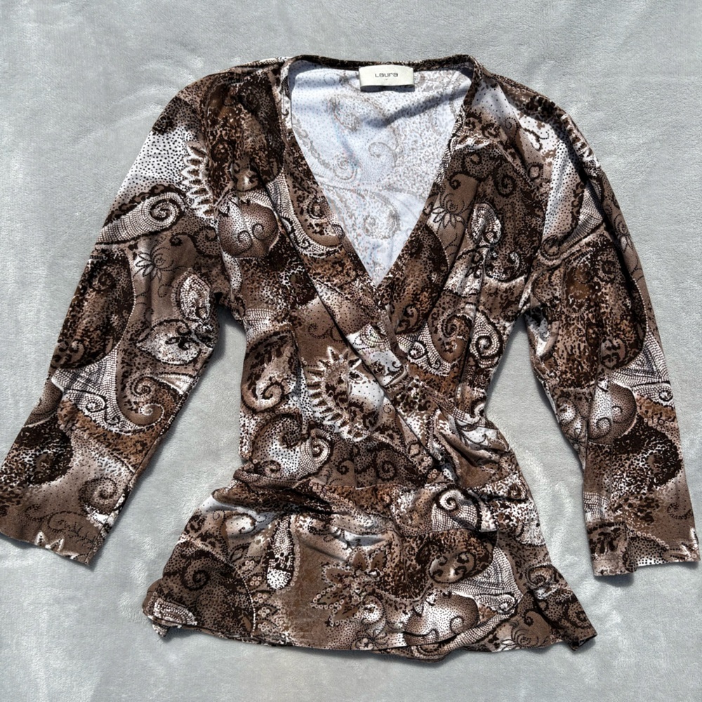 Laura Paisley Print Wrap Top - Earth Tones Brown & Cream - Y2K Whimsigoth